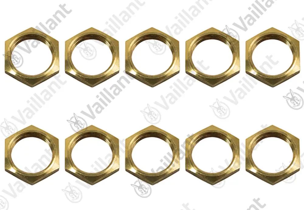 Zehn metallische Muttern in hexagonaler Form von Vaillant, ausgelegt in zwei Reihen, mit einer glatten Innenfläche zur Befestigung.